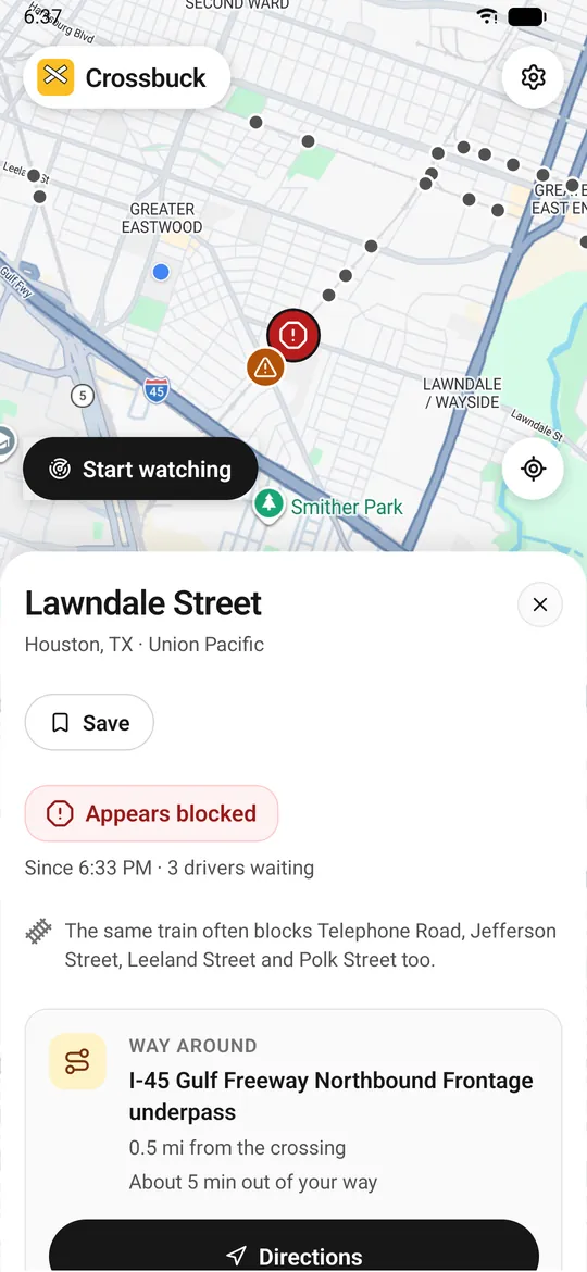 Lawndale Street's card on Android: appears blocked since 6:33 PM, 3 drivers waiting; the same train often blocks Telephone Road, Jefferson Street, Leeland Street and Polk Street too; way around the I-45 Gulf Freeway frontage underpass.