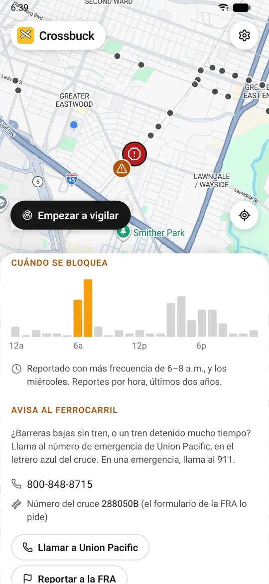 La tarjeta de Lawndale Street en Android, más abajo: reportes por hora, con más frecuencia de 6 a 8 a.m., y luego Avisa al ferrocarril con el número de emergencia de Union Pacific, 800-848-8715, el número del cruce y los botones Llamar y Reportar a la FRA.