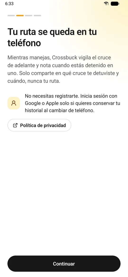 La pantalla de bienvenida de Crossbuck en Android: tu ruta se queda en tu teléfono.