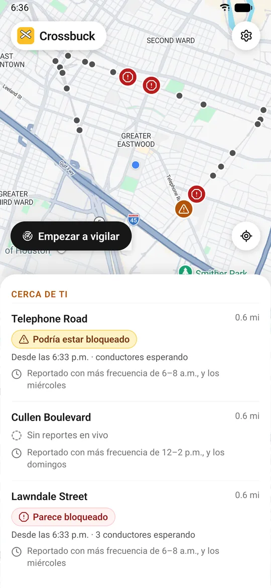 El mapa de Crossbuck en el East End de Houston con los cruces bloqueados marcados, el botón Empezar a vigilar y la lista de cruces cercanos: Telephone Road podría estar bloqueado, Lawndale Street parece bloqueado.