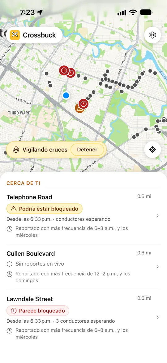 Crossbuck en iPhone, vigilando cruces, con la lista de cruces cercanos: Telephone Road podría estar bloqueado, Lawndale Street parece bloqueado.