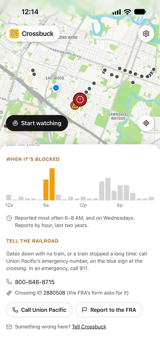The same section on iPhone, with Tell Crossbuck to report something wrong.