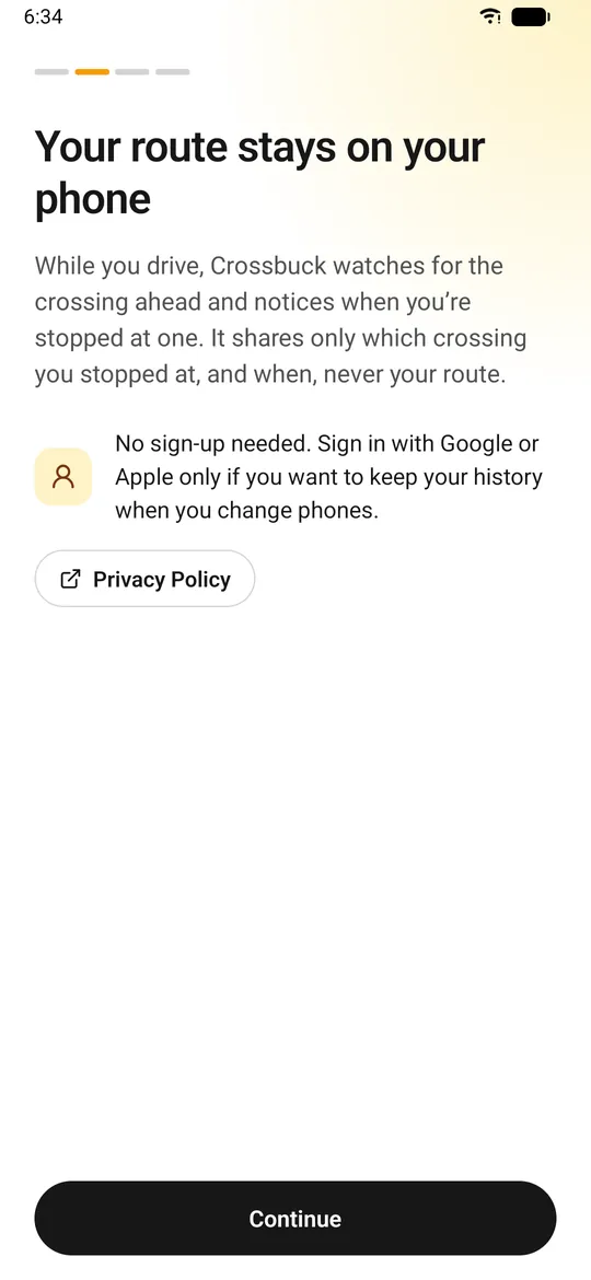 Crossbuck's welcome screen on Android: your route stays on your phone.