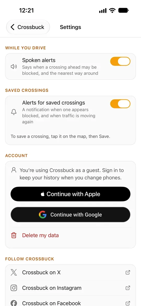Crossbuck's Settings on iPhone: spoken alerts, alerts for saved crossings, sign in with Apple or Google, delete my data, and follow Crossbuck.