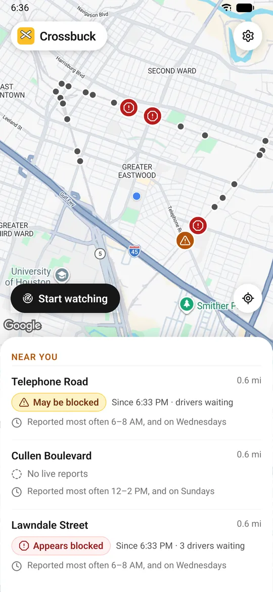 The Crossbuck map in Houston's East End with blocked crossings marked, and the Start watching button.
