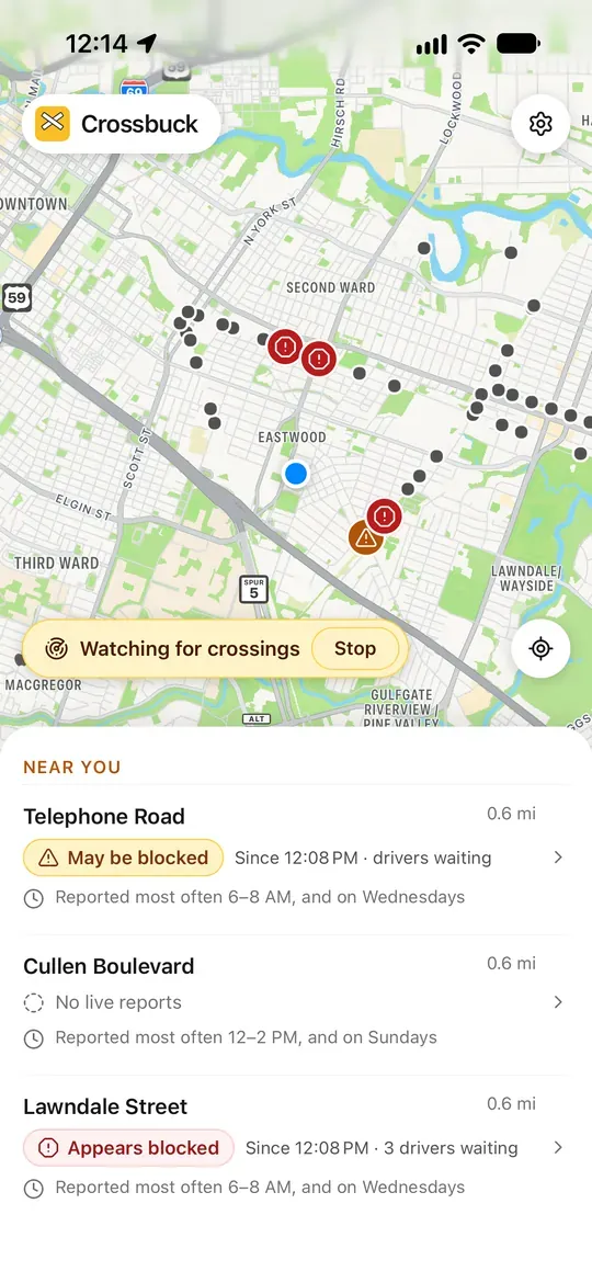 Crossbuck on iPhone, watching for crossings, with the nearby list: Telephone Road may be blocked, Lawndale Street appears blocked.